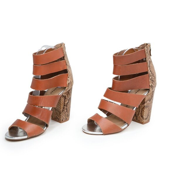 Chinese Laundry Brown Cage Strappy Sandals Python Block Heel Open Toe Shoes - Picture 12 of 12